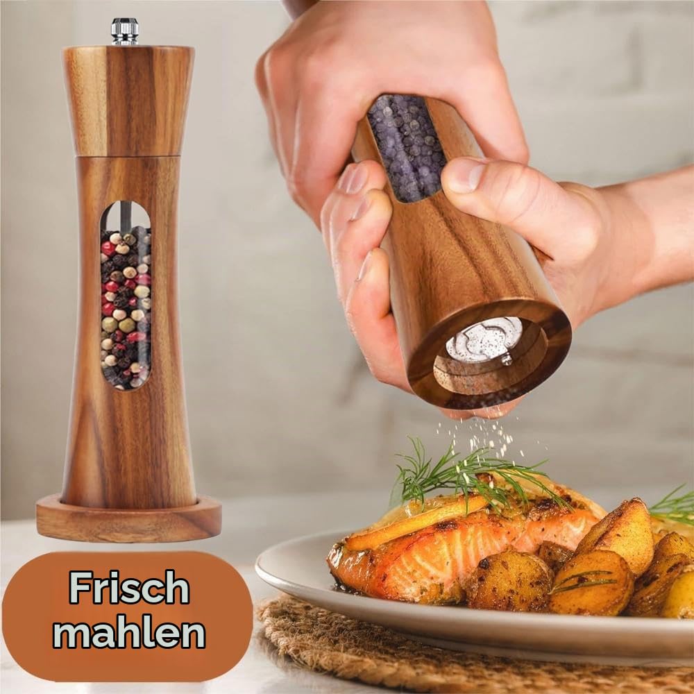 Pfeffermühle Holz Salz und Pfeffer mühle 2er Set mit Untersetzer Manuell Gewürzmühle verstellbarem Keramikmahlwerk Salzmühle für Pfeffer Salz Gewürze Höhe 20 cm