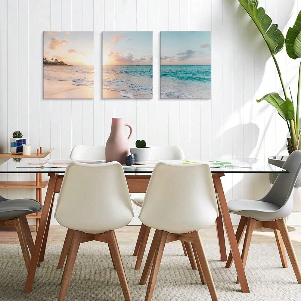 TZKBDMA Set di 3 quadri su tela con tramonto sull'oceano e sulla spiaggia, perfetti per decorare la camera da letto (70x100 cm x 3 pezzi/Senza cornice)