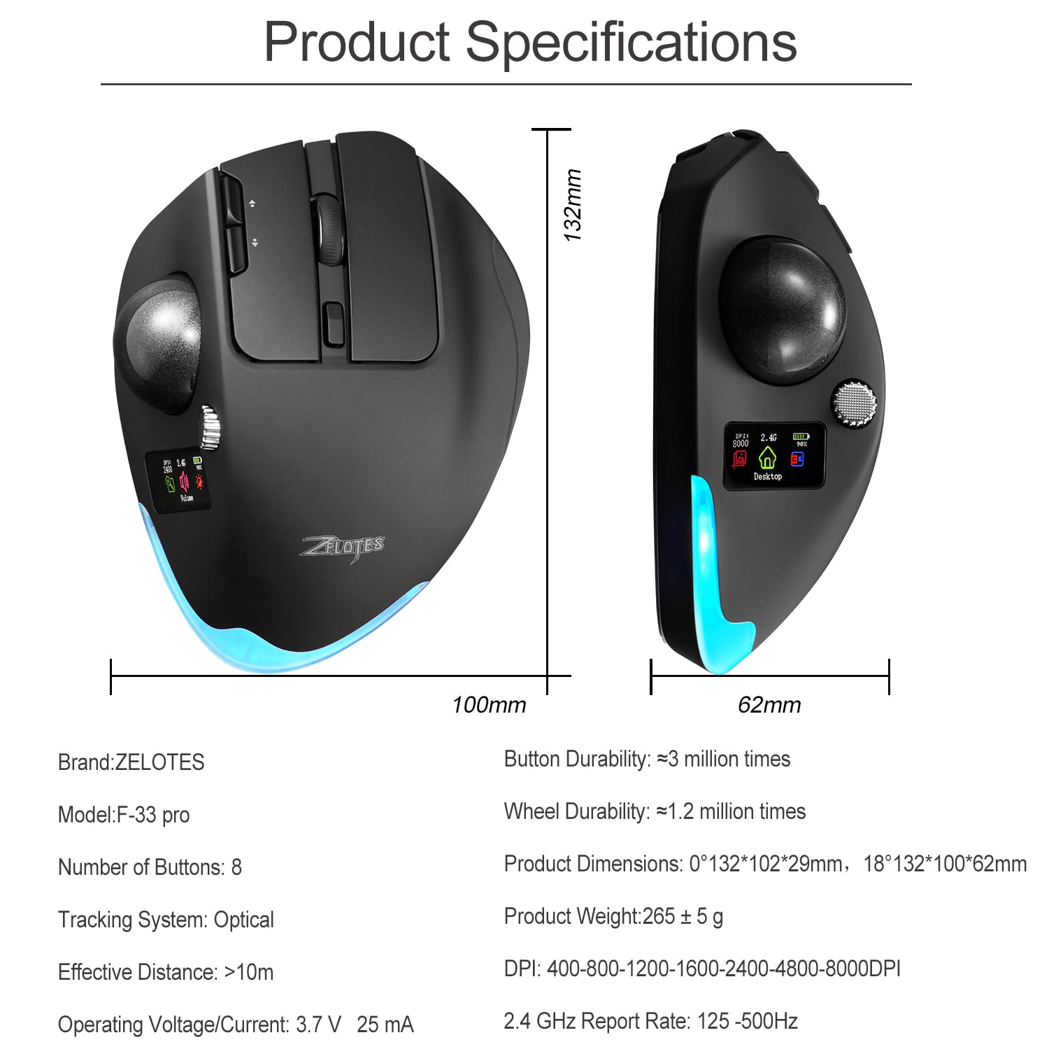 zelotes Kabellose Trackball Maus mit Display,Bluetooth,4800DPI,9 Tasten,Daumenbedienung,Wiederaufladbar, Ergonomische Design,Maus Kabellos Funkmaus für Laptop,PC,Tablets