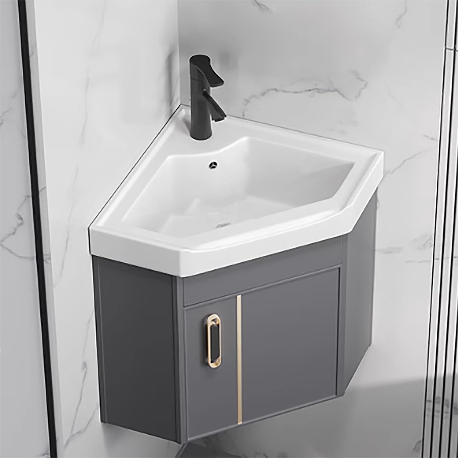 GLJTUO Modern Gray Corner Vanity Sink with Cabinet Heavy Duty Bathroom Storage Scratch and Stain Resistant Porcelain Sink Hot and Cold Faucet 15in,Grey-38cm/15in