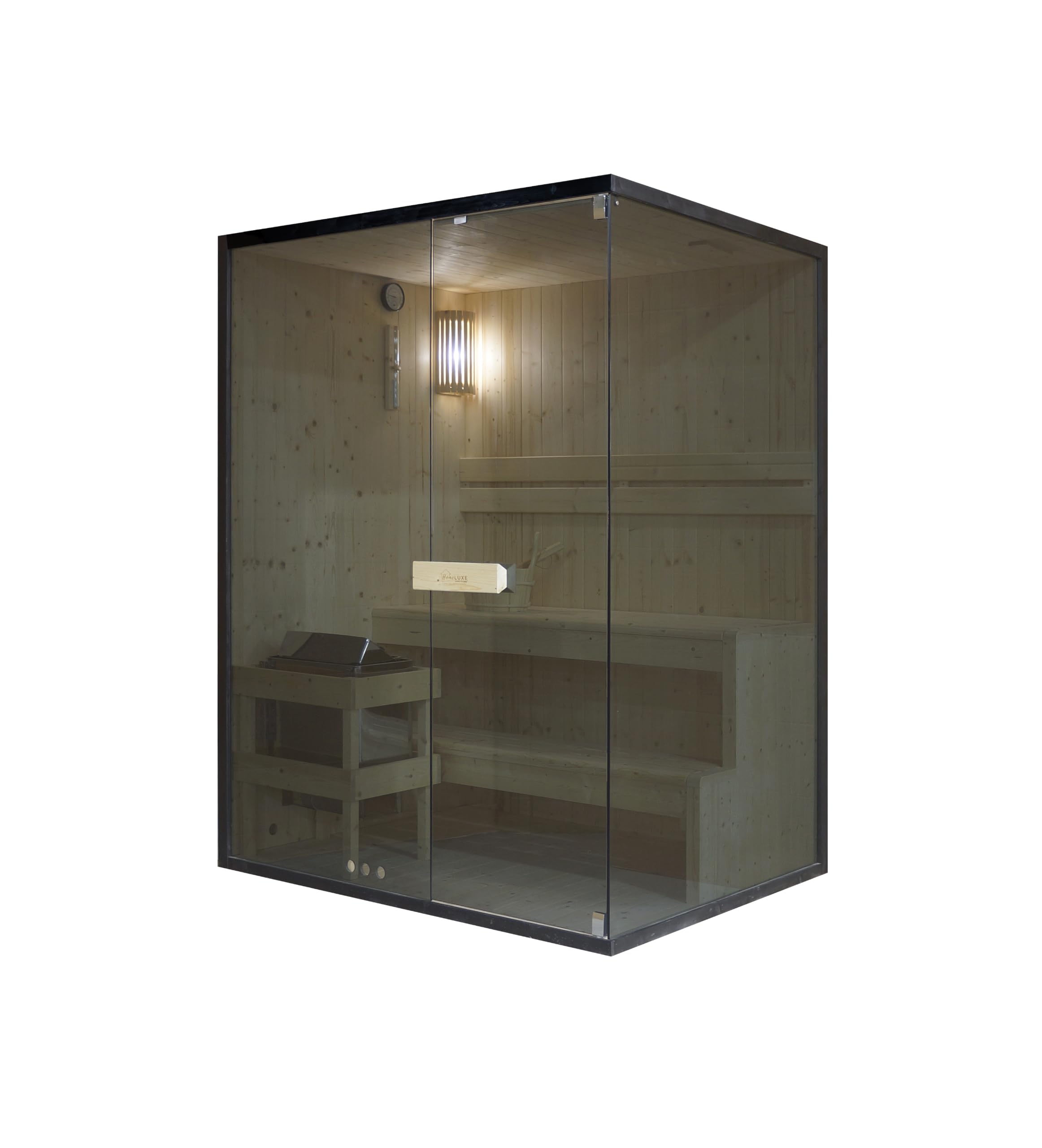 SANOTECHNIK Sauna FALUN L für 2–3 Personen, Innensauna aus Fichtenholz mit 4,5 kW Harvia Saunaofen, Saunasteine & Zubehör, getöntes Sicherheitsglas, 150 x 120 x 200 cm