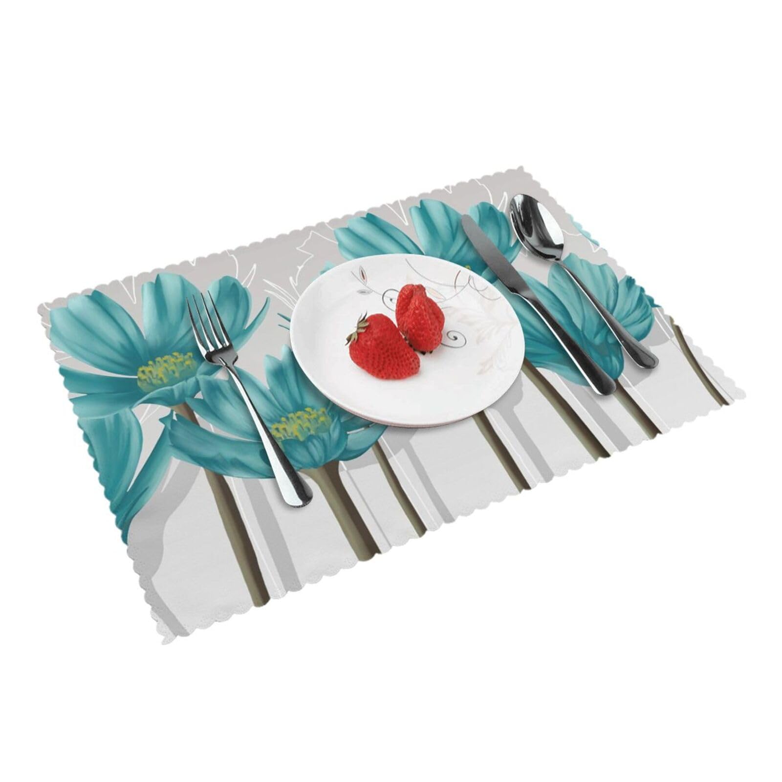 Teal Grey and White Floral Printed Placemats Set of 4 PCS Washable Placemat for Kitchen Table Heat-resistant Table Mats 45x30 CM