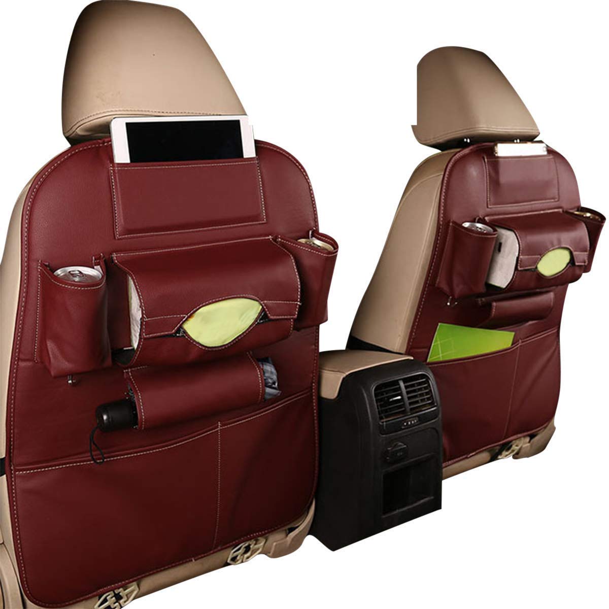 HCMAX 2 Pack Car Seat Back Organizer Pocket Backseat Protector Storage Kick Mat Ipad Mini Holder Iphone Cup Holder Umbrella Tissue Box Great Travel Accessory PU Leather Red