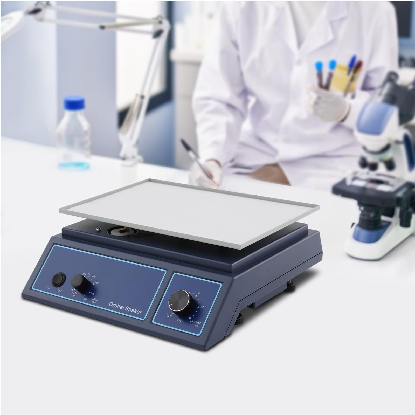 Agitador orbital de laboratorio, velocidad ajustable de 0 a 210 RPM, temporizador de 1 a 15 minutos, capacidad de 1 kg, ideal para la escuela y la investigación científica