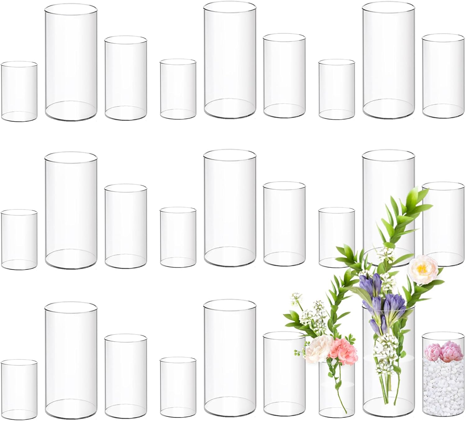 24 Pack Acrylic Cylinder Vases 4,6,8 Inch Tall Clear Acrylic Flower Vase Bulk Floating Candle Holders Cylinder Plastic Vases for Centerpiece Table Wedding Home