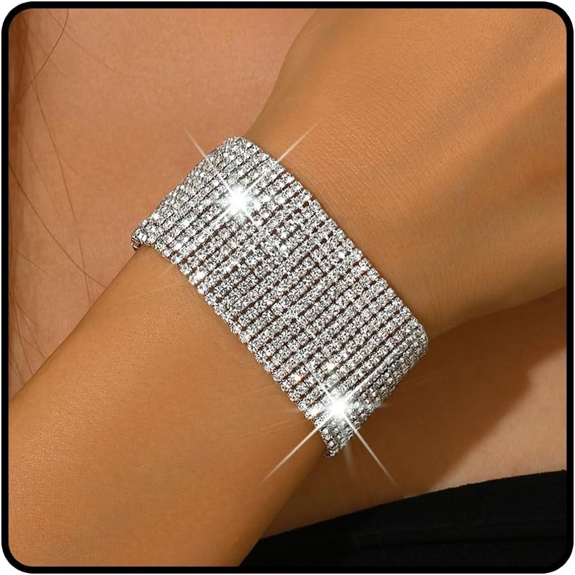 Silver Rhinestone Bracelet for Women Layered Sparkly Rhinestone Open Cuff Bracelet Adjustable Multi Row Glitter Bangle Bride Wedding Party Prom Jewelry Accessories for Her