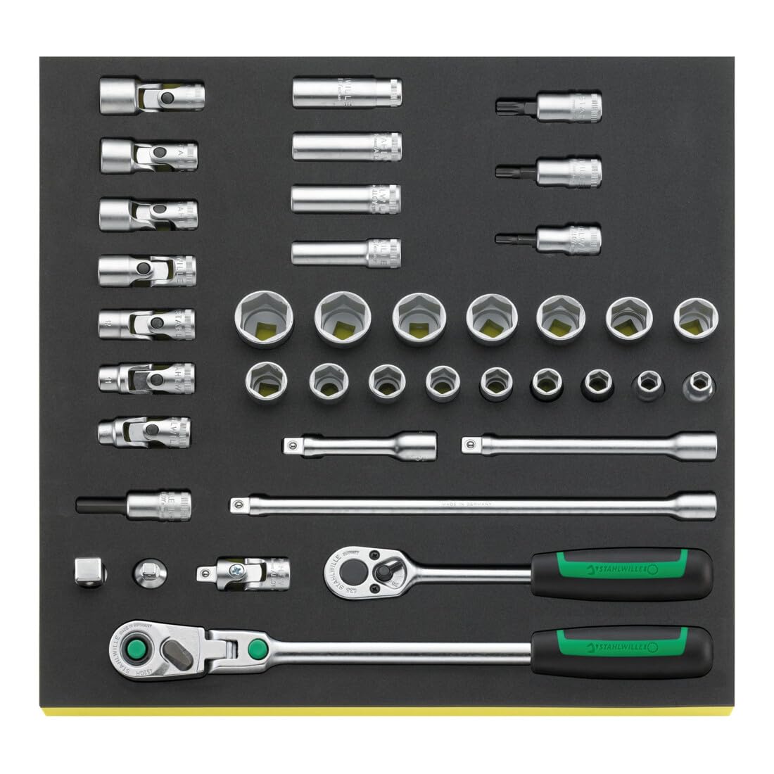 Stahlwille 96830602 39-Piece Hex Socket Set in Tool Control System Inlays, 3/8" Ratchet and Accessories, 7 to 22 mm, Made in Germany
