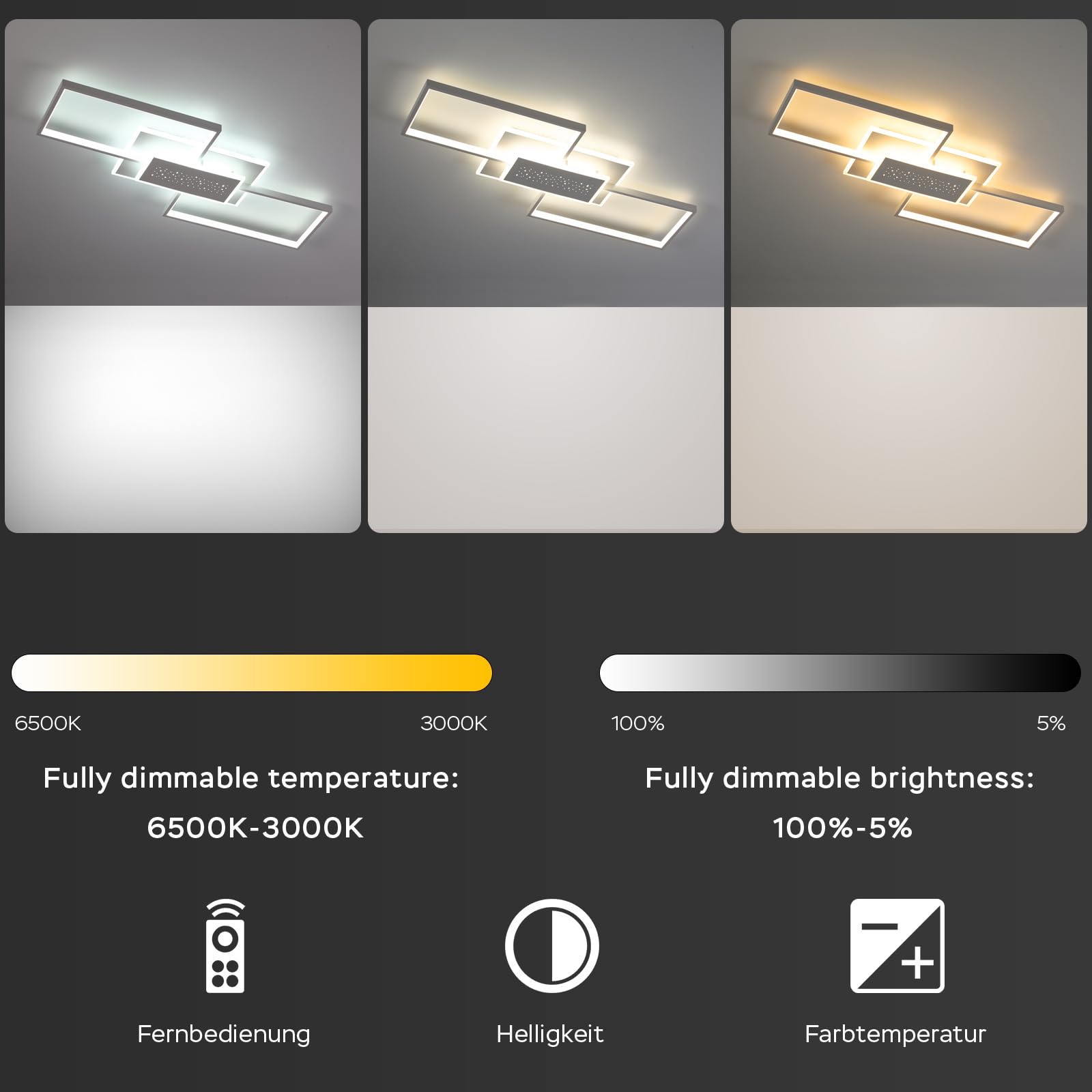 ANTENLICHT LED Deckenleuchte 80CM, 50W Deckenlampe, 3000K-6500K Dimmbar Rechteckige Wohnzimmerlampe, Mit Fernbedienung, Metall Moderne Lampe für Schlafzimmer Esszimmer