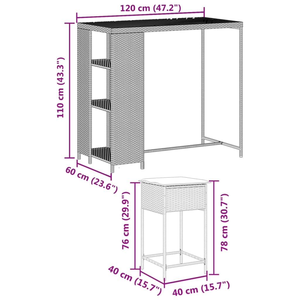 vidaXL Juego de Bar de jardín de 5 Piezas con Cojines ratán PE Negro, Mesa Alta y taburetes de Exterior, Juego de Bar, Juego de Muebles