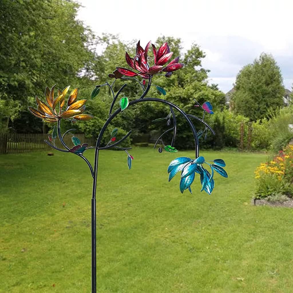 Large Metal Wind Spinner with Three Spinning Flowers Butterflies Windmill Decor Outdoor Yard Garden Art Decoration