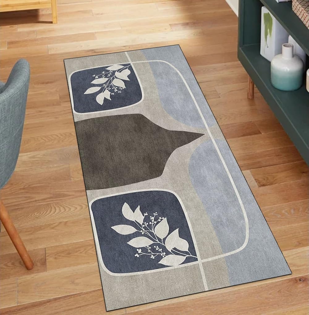 Alfombra de poliéster gris y azul lavable con patrón de hojas decorativas de 90x250cm