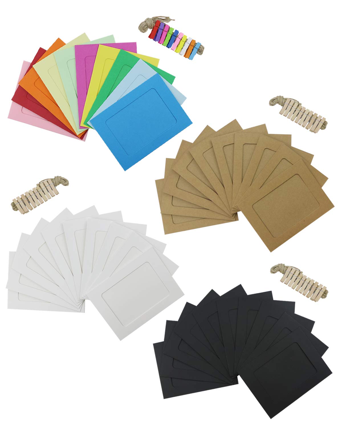 Twdrer 40PCS Paper Photo Frames, Plain Paper Photo Frames Kraft Paper DIY Paper Photo Frames with Clothespin Hanging Wall Decoration with Clips and Ropes for 4x6in. Pictures (4 Styles)