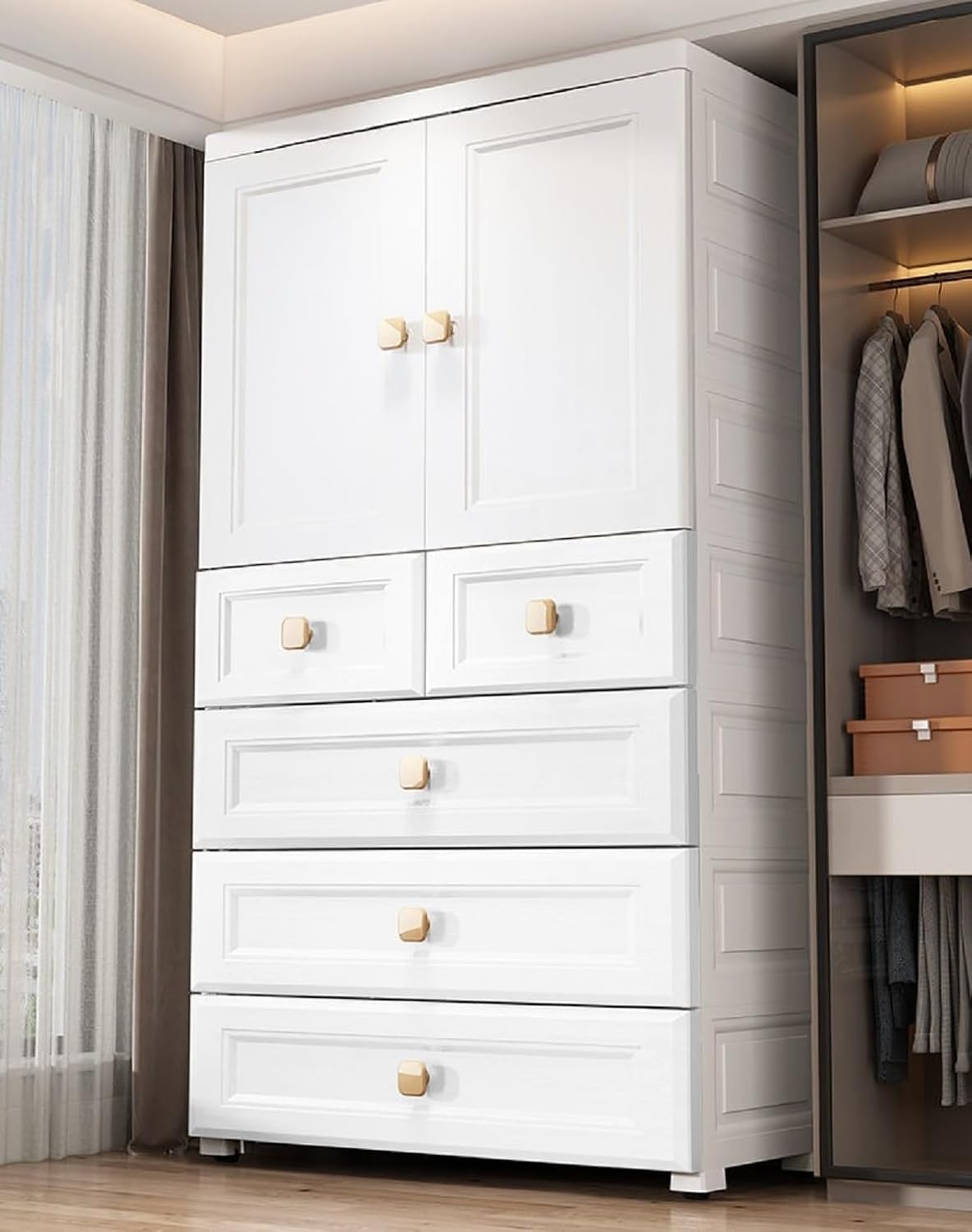 Collapsible Plastic Wardrobe for Unisex | 5-Tier Multi-Layer Storage Cabinet with Doors & Drawers | Portable Clothes Organizer for Bedroom, Kids Room, Nursery, Home Closet - White-image-37
