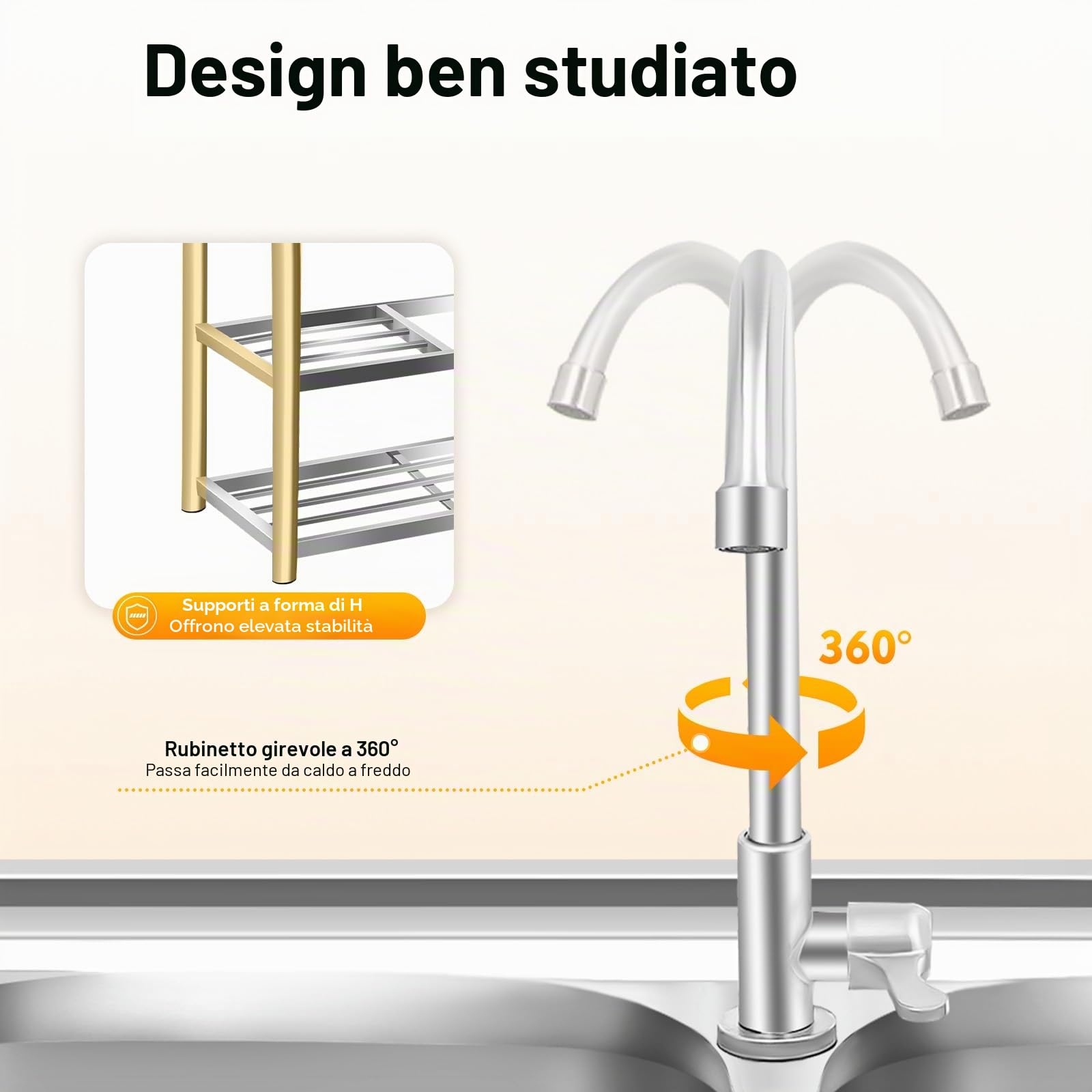 Lavandino da cucina indipendente 2 ciotole doppio lavello da cucina in acciaio inox con rubinetto, supporto e dispositivo di scarico, per esterni, interni, cucina, ristorante
