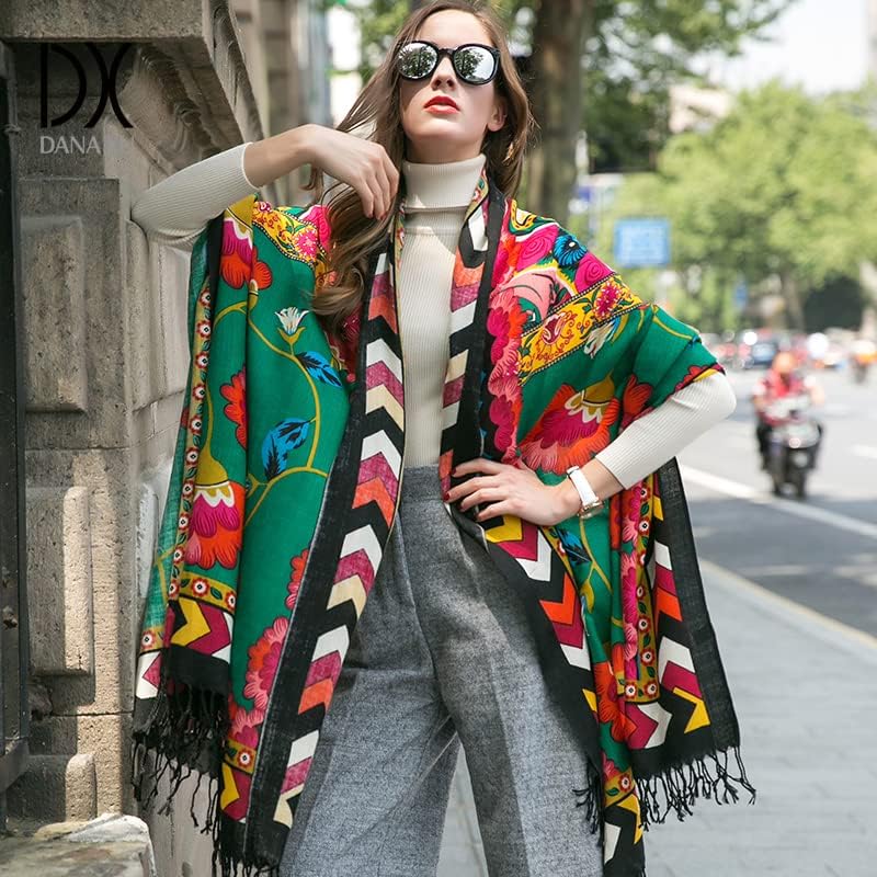 DANA XU 100% Merino Wool Pashmina Shawl for Women 96"x43", Oversized Cashmere Wrap with Tassels, Floral Travel Blanket Cape - Image 8