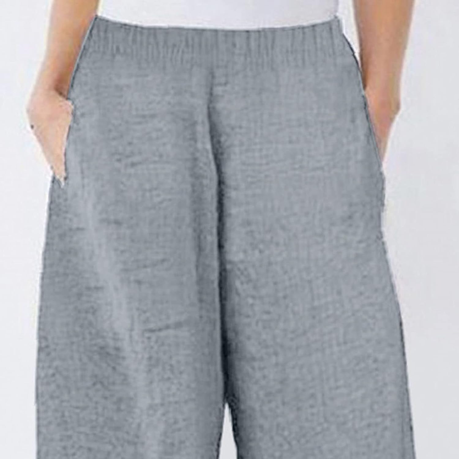 DGHM-JLMY Women Casual Cotton Linen Pants Wide Leg Drawstring Elastic Waist Capris Crop Print Sports Lounge Pants Loose Fit