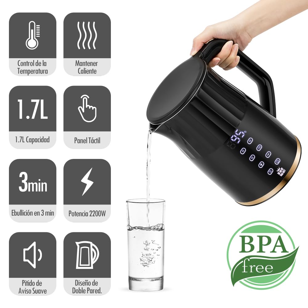 ForMe Hervidor Eléctricos de Acero Inoxidable 1,7 L Selección de Temperatura de 40-100 C LED Indicador Digital de Temperatura I Función de Mantener Caliente Tetera I Cristal Hervidora Libre de BPA
