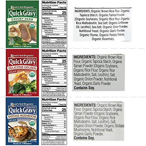 Image of Roads End Organics Gravy Variety Pack ~ Includes (4) Shiitake Mushroom Gravy Mix, 1 Oz, (4) Savory Herb Gravy Mix, 1 Oz and (4) Golden Gravy Mix, 1 Oz ~ Gluten Free, Vegan Gravy Mix Packets