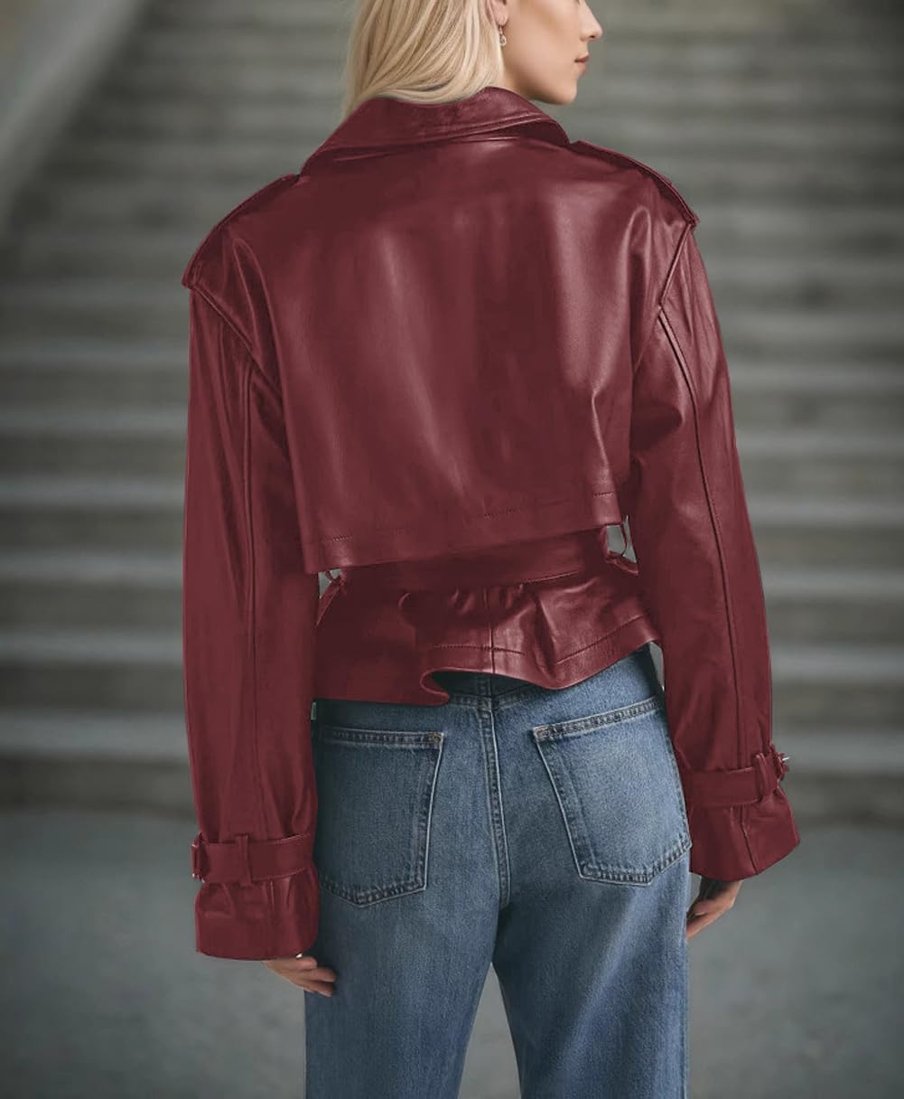 chouyatou Women's Fall Belted Faux Leather Jacket Modo Business Casual Faux Leather Short Trench Coat - Image 2