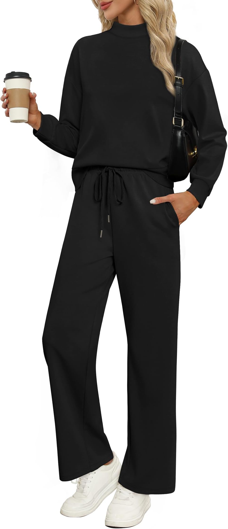 WIHOLL Two Piece Sets for Women Fall Outfits Lounge Sets Mock Neck Tops Wide Leg Pants Vacation Travel Airport Outfits