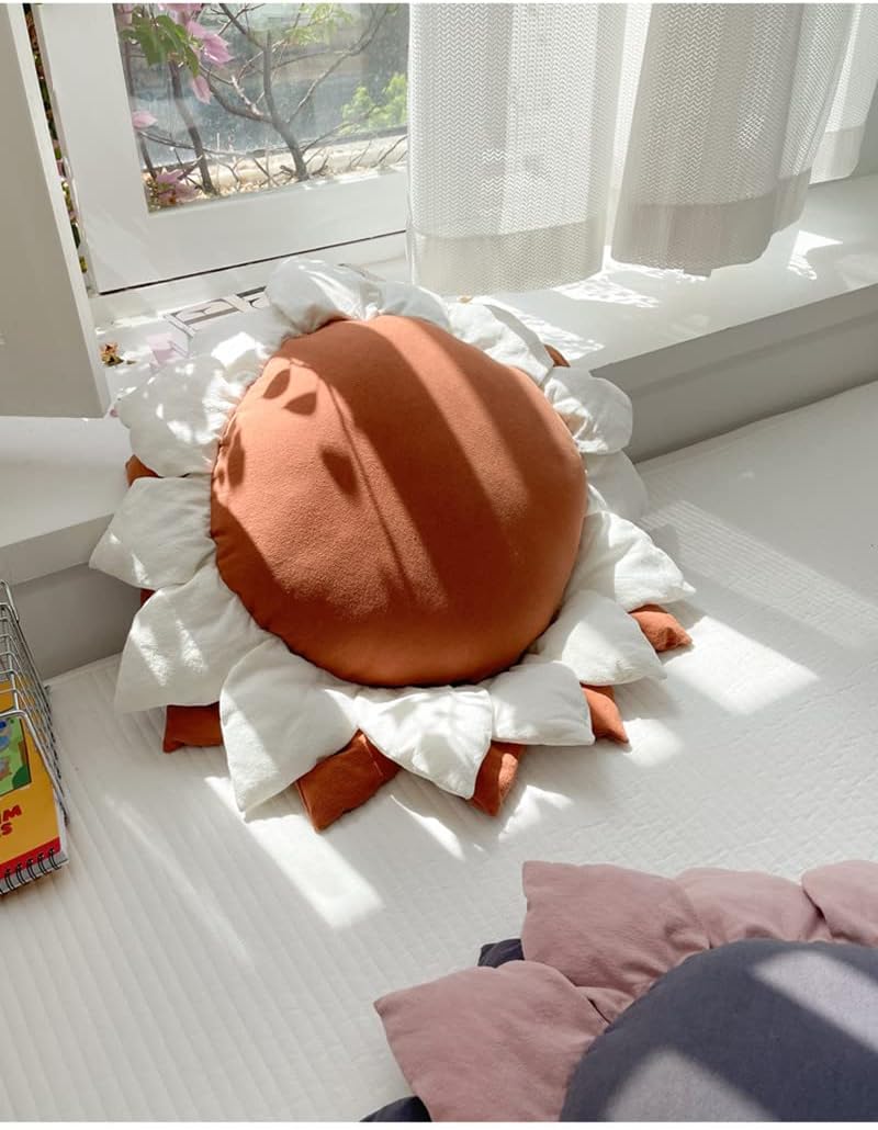 27.5" 3D handmade stitching sunflower shaped pillow flat round flower floor pillow pure cotton patio furniture cushion bedroom sofa bed decoration (White Orange)