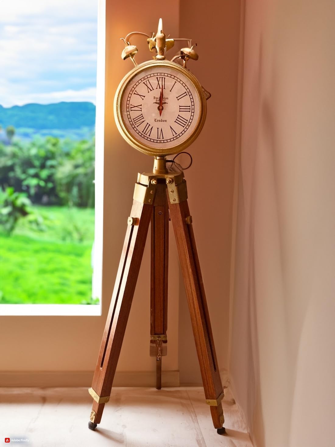 Vintage Style Floor Clock with Wooden Tripod Stand, 47 Inch, Roman Numerals, Double Bell, Brass Metal Finish-image-11