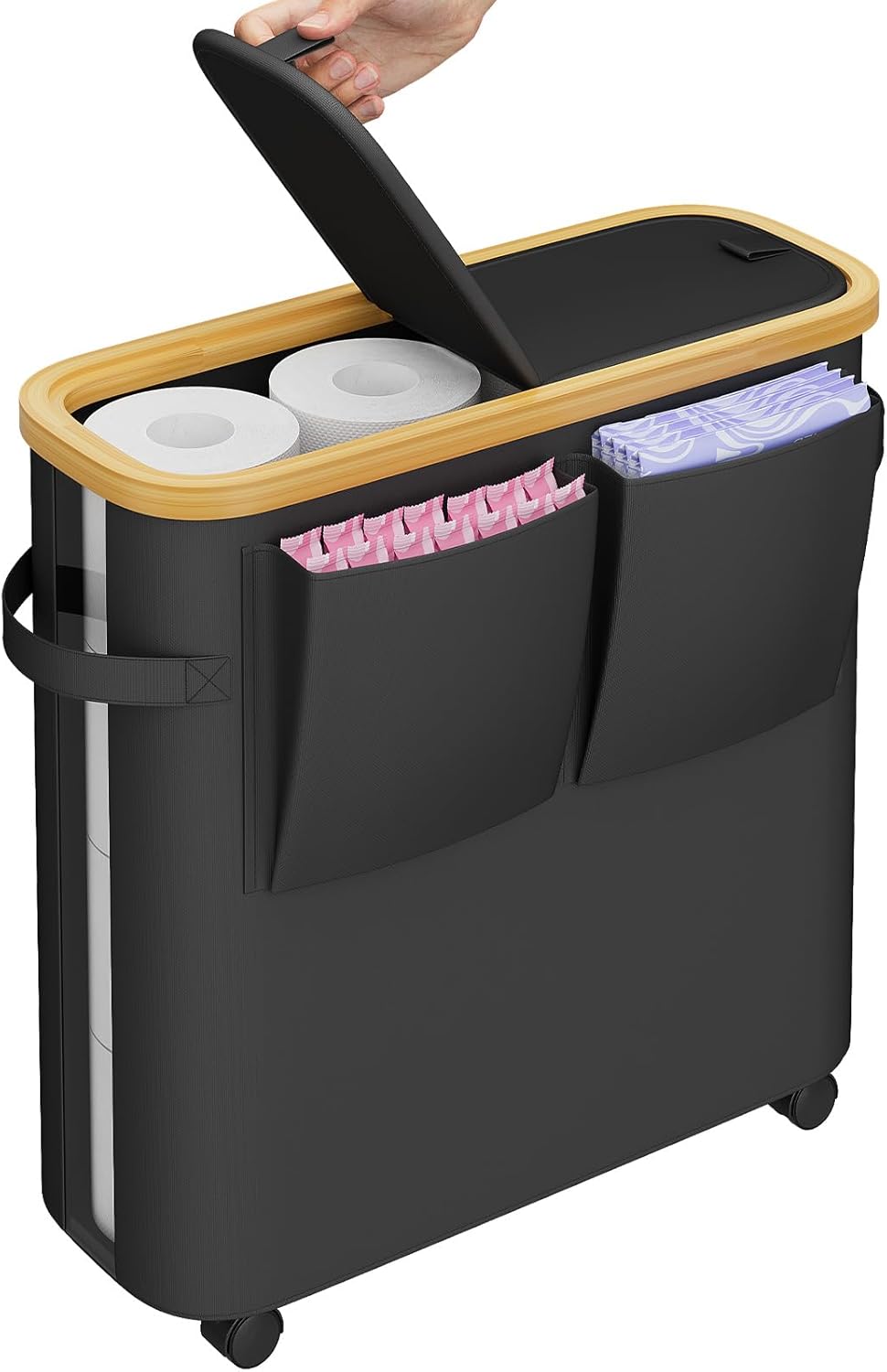 VITVITI Toilet Paper Storage Basket with Lid, Bathroom Toilet Paper Holder Organizer for 9-12 Rolls Large Capacity, Foldable Fabric Bamboo Toilet Paper Container with Pockets, Medium (Black)