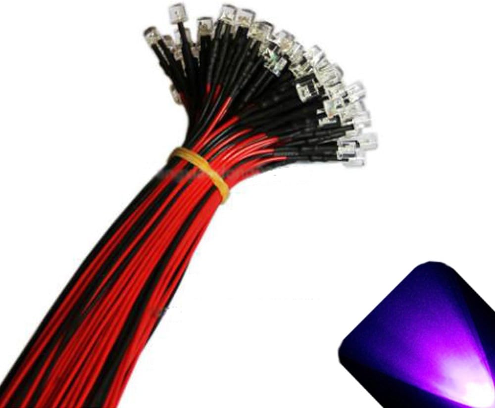Lighthouse LEDs 12v 3mm Flat Top Pre-Wired UV/Purple LED - Ultra Bright (10v, 11v, 12v, 13v, 14v, 15v) (Pack of 10)