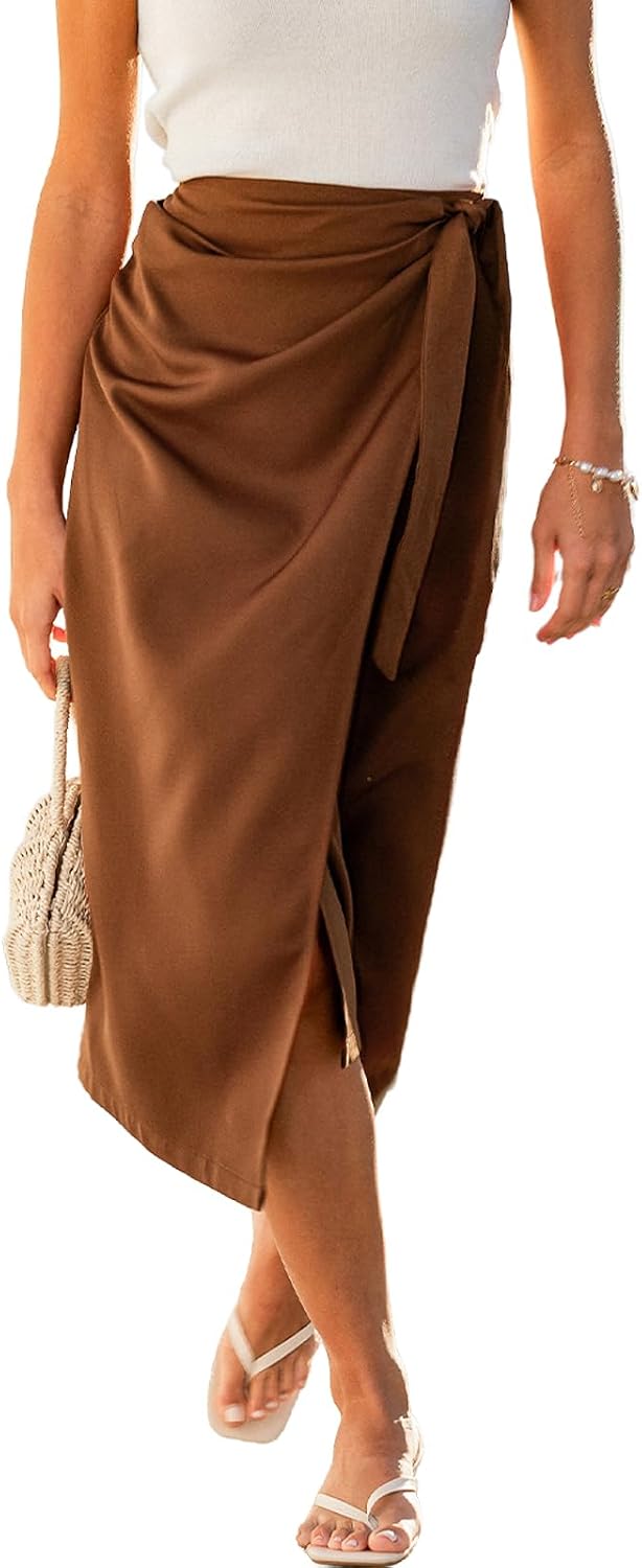 CUPSHE Women's Wrap Front Self-Tie Knot A-Line Flowy Midi Skirt | Beach Cover Up Skirt, Vacation Outfit, Suitable for Cruise, Going Out, Holiday