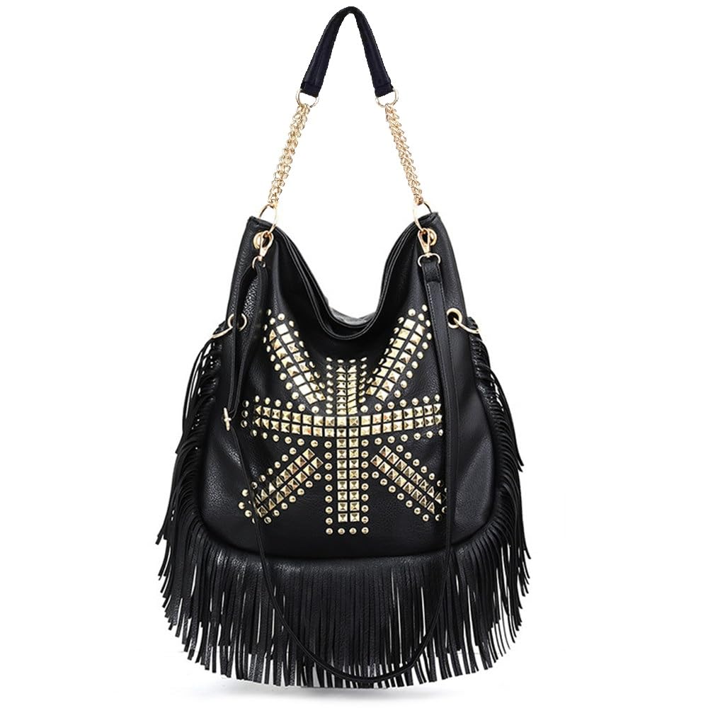 Teanea PU Leather Fringe Hobo Bag Large Studded Handbag Crossbody Bag for Women
