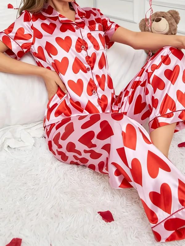 Image of Night Suit for Women with Full Sleeve Button-Down Top with Pant Dress for Woman,Night Dress for Woman, Two-Piece Loungewear Set