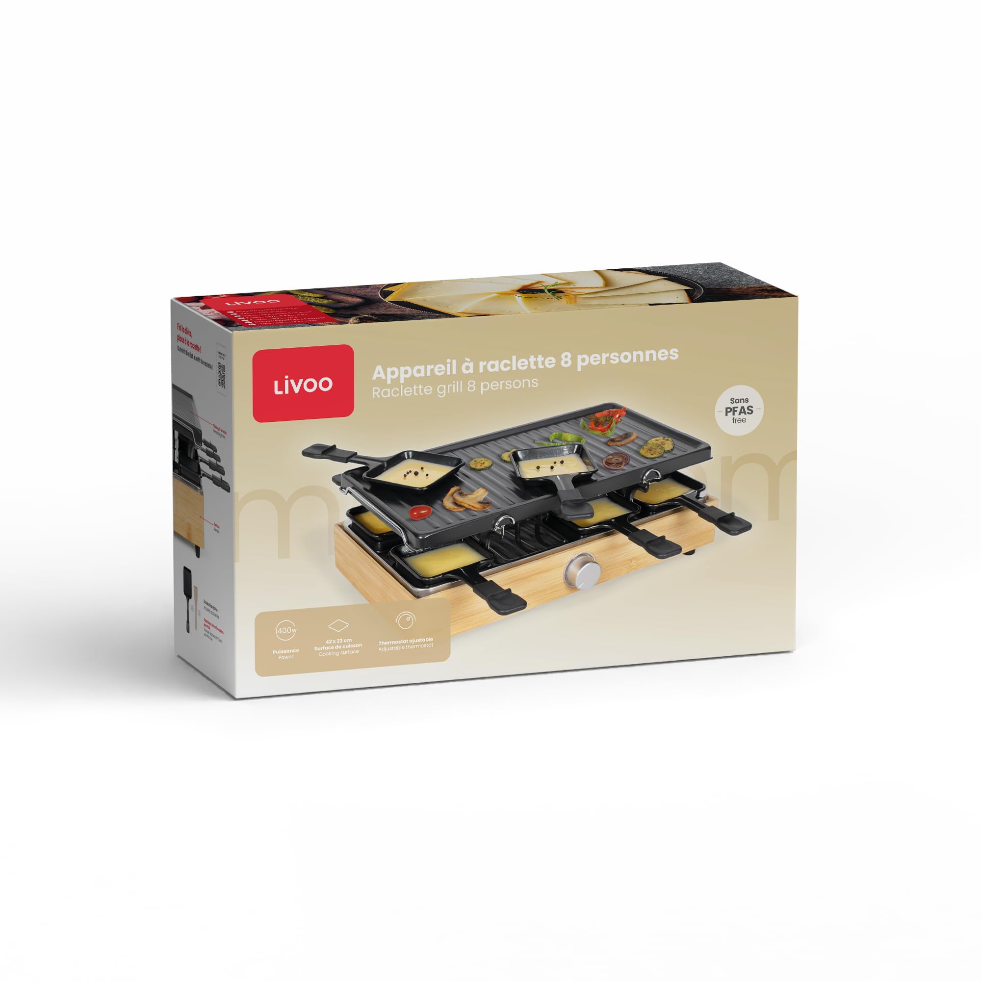 Livoo - Appareil à raclette 8 personnes DOC336-1400W, 42x23 cm, sans PFAS, Noir