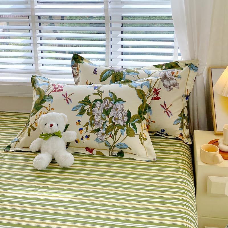 USTIDE Shabby Floral Farmhouse Cotton Duvet Cover Set King - 3pc Reversible Green Beige Striped Bedding (2 Pillowcases, No Comforter) - Image 3