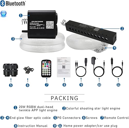 Miniatura 6 de AKEPO 20W RGBW Twinkle Dual-Head Diferentes Color APP Luces de fibra óptica, kit de luz de meteorito colorido+900pcs 0.03in 9.8ft Fibra óptica Star