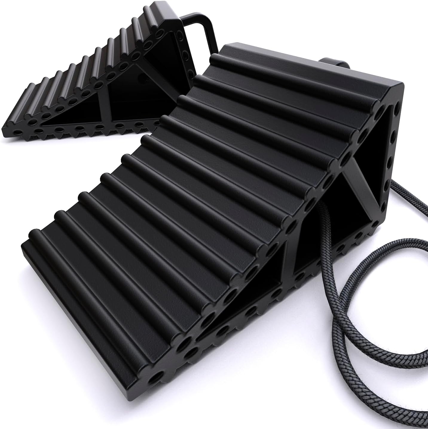 Wheel Chocks for Cars, RVs, Trucks, Trailers, and Vehicles G.V.W. up to 8T, 2 Pack with Handle and Rope - Anti Slip Bottom Tire Chock for All Weather Use - Accessory Must (Black - 2 Pack)
