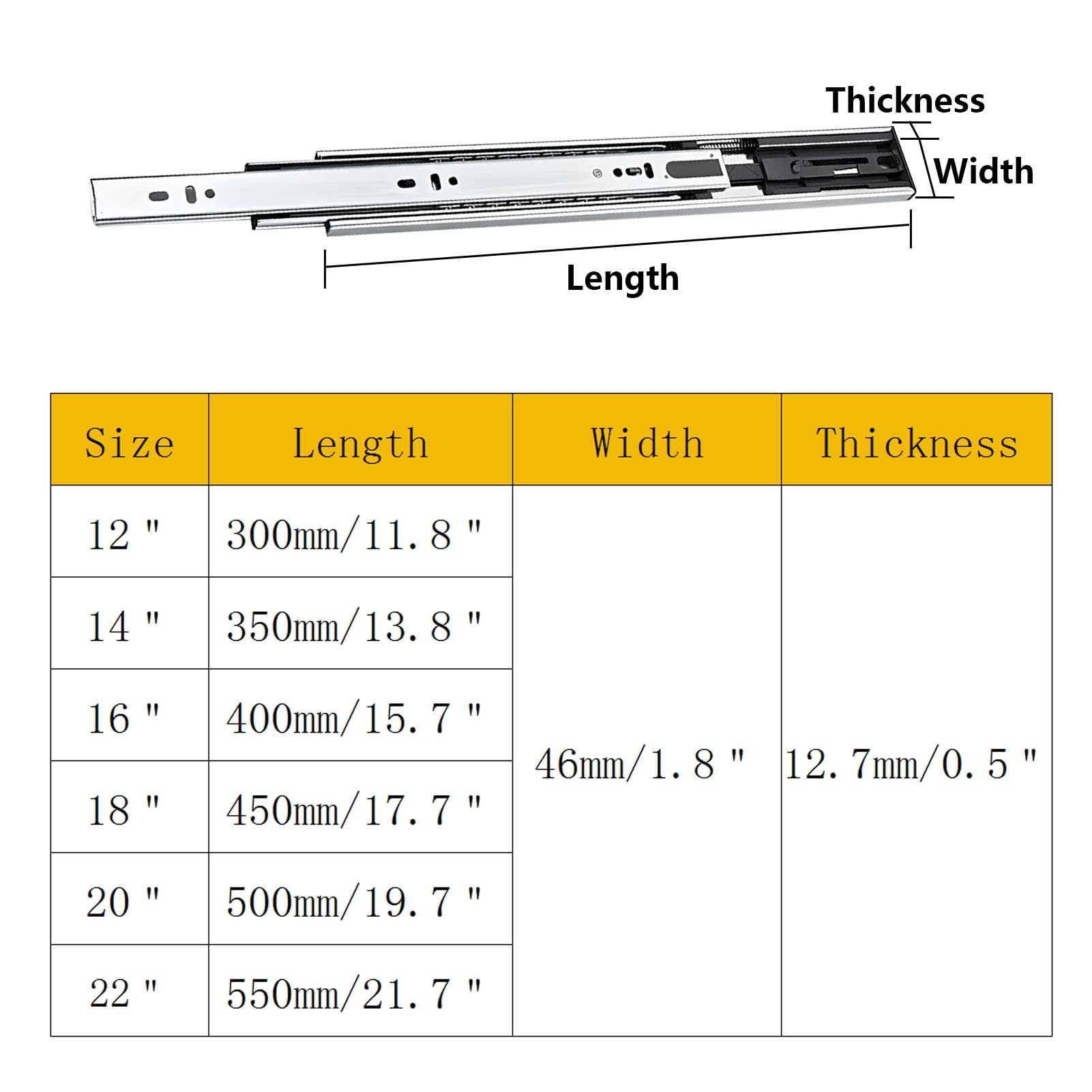 Prowadnice z Cichym Domykaniem, Szyny do Szafek Montowane z Boku, 300 350 400 450 500 550 mm, Nośność 45 kg(14in (350mm))
