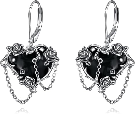 Black Rose Earrings 925 Sterling Silver Gothic Jewelry for Women Black Heart Witchy Earrings Dangle Vampire Earrings Halloween
