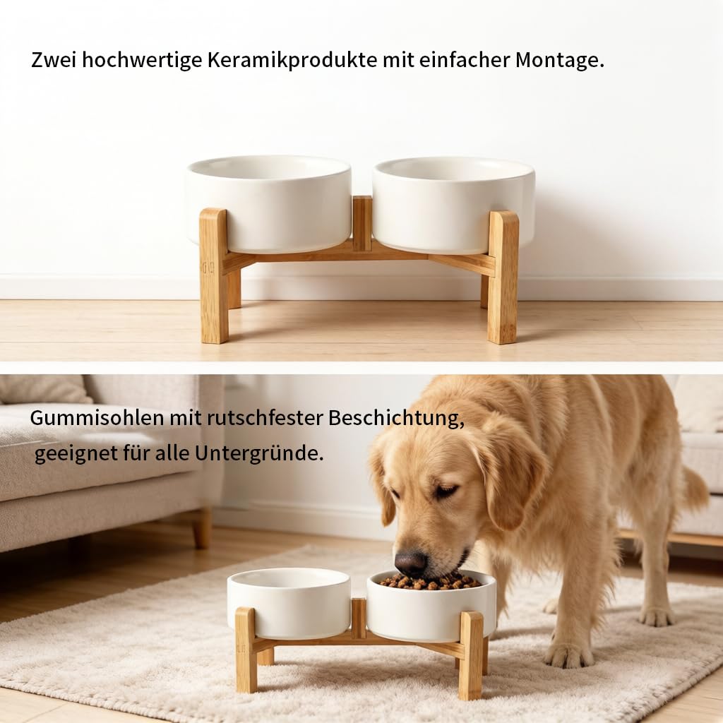 Hundenapf Erhöht, Erhöhter Futternapf Hund, Keramik Hunde Napfset, Futternäpfe Katzennapf mit Holz Ständer für Kleine und Mittelgroße Hunde, 850 ml x 2 (weiß)