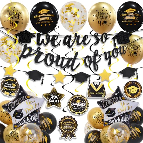 Graduation Decorations Class of 2025, Black and Gold Graduation Balloons with Hanging Swirl, We are So Proud of You Banner, Congrats Grad Garland Party Supplies