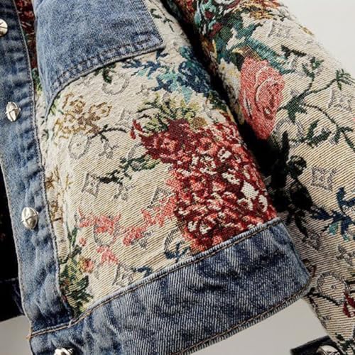 Women Flower Print Jean Jacket, 2025 Autumn Y2K Long Sleeve Button Down Lapel Cropped Denim Outerwear3