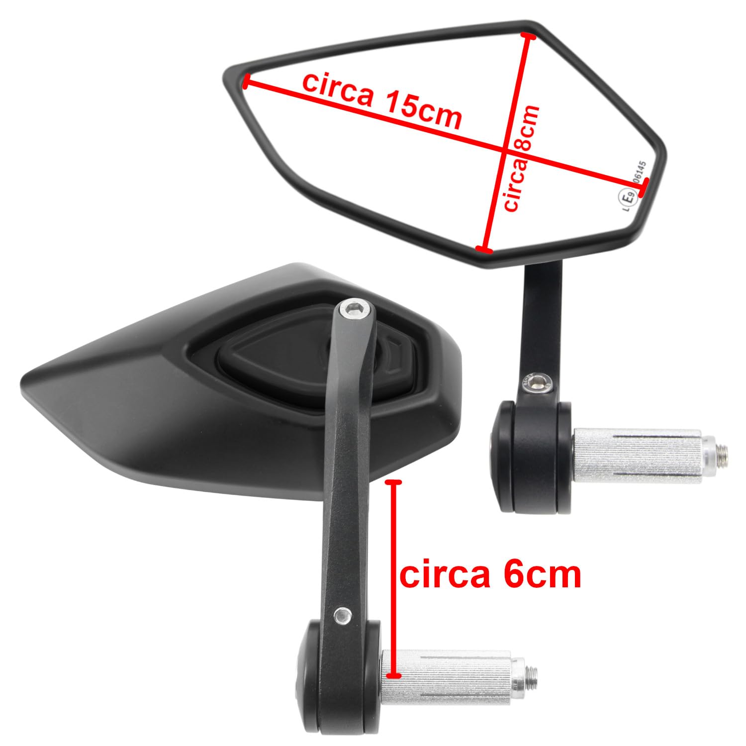 Area1 Specchietti Retrovisori Moto Universali da Manubrio, Coppia Omologata E – Compatibili con Duke SMC/R MT07 MT09 MT125 Z900 Z650 CMX CB 500 Hornet SV650 GSXS GSF Bandit R12 S1000 Tuono