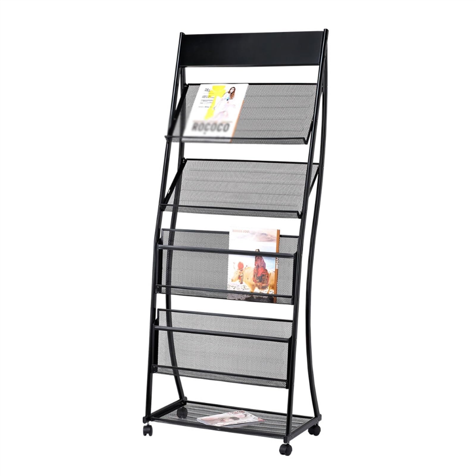 Jkjzsalj Black Stylish And Functional Floor-Standing 4-Layer With Wheels,Brochure Display Stand,High-Hardness Metal Information Display Rack Mobile Publicity Newspaper Rack Ideal,