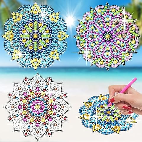 BSRESIN Diamond Art Stained Glass Window Clings with Diamond DIY Pen, 3 Pcs Mandala Window Stickers for Suncatchers, Diamond Art Kits for Adults, Diamond Art Accessories Cover