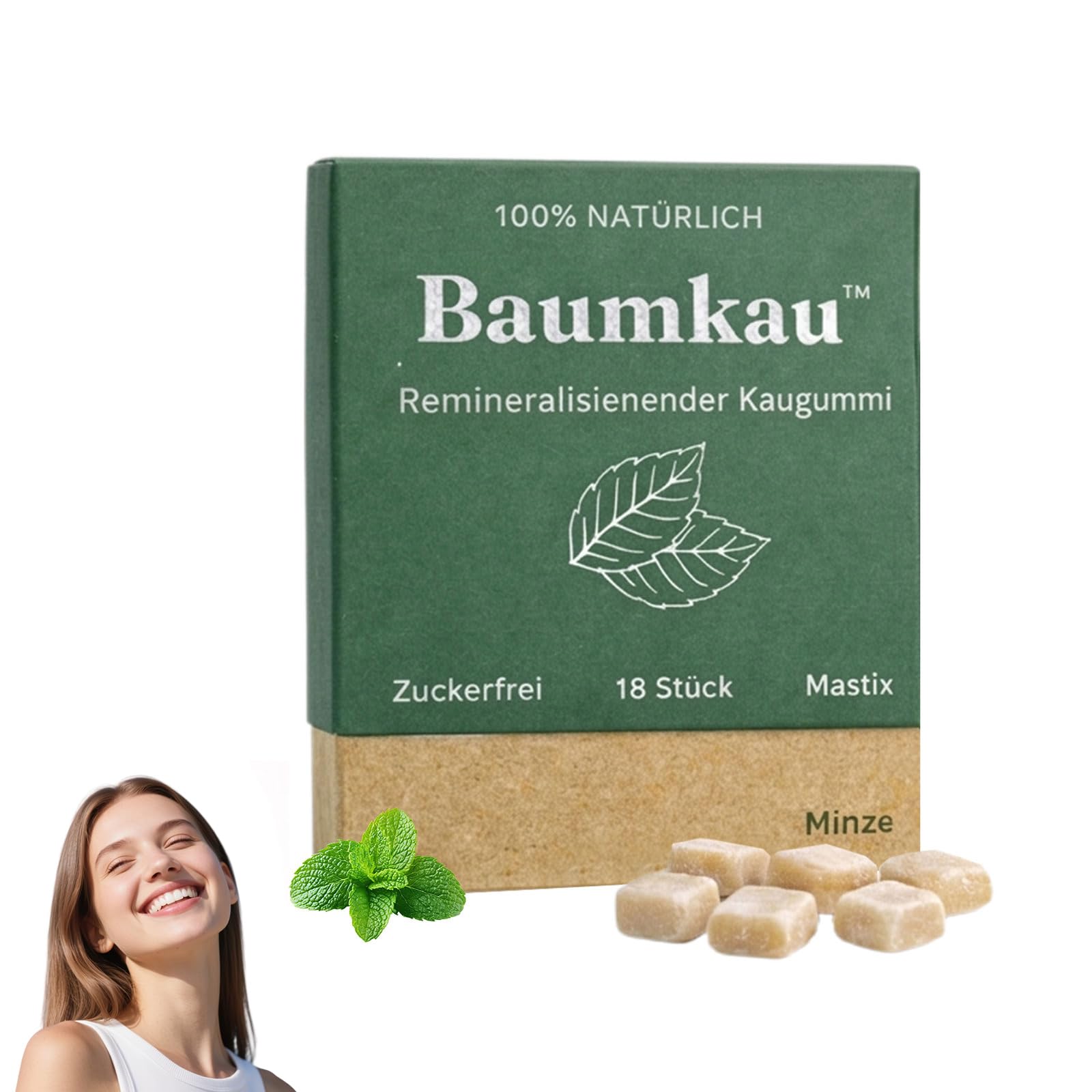 Baumkau Remineralisierender Kaugummi, 18 Stück Baukau Kaugummi, Zuckerfrei Kaugummis, Frischer Atem und Emailschutz, Sanft und Nicht Reizend, für Empfindliche Zähne Geeignet, Minze (1 Box)