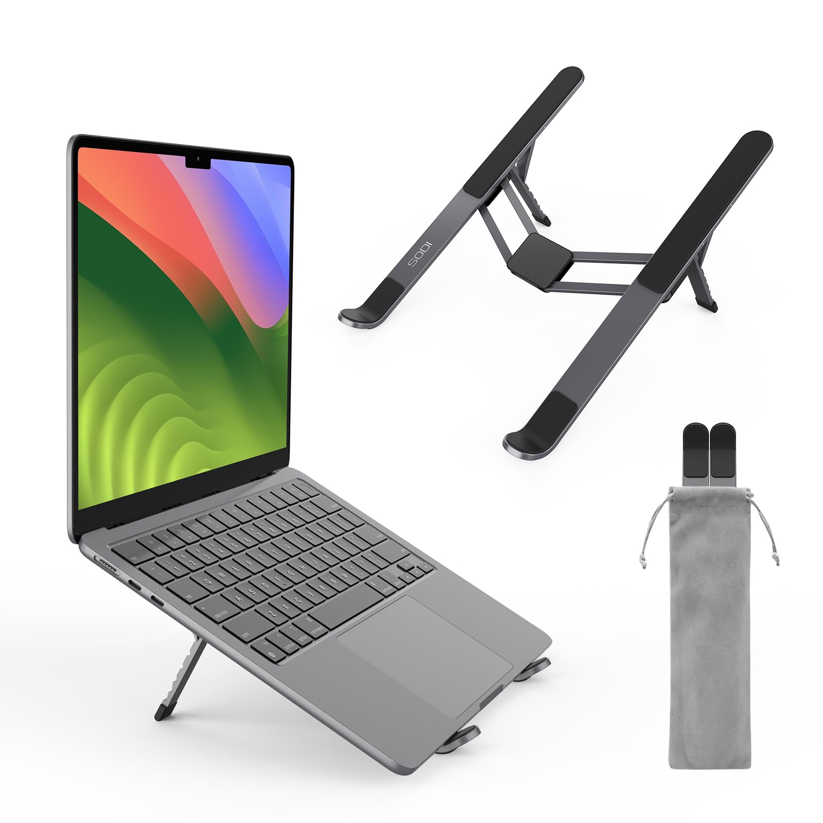 SODI Foldable Laptop Stand For Desk, 6-Levels Height Adjustment Portable Laptop Holder Riser, Ergonomic Aluminum Computer Stand For 10-15.6" Laptop And Tablet,Black