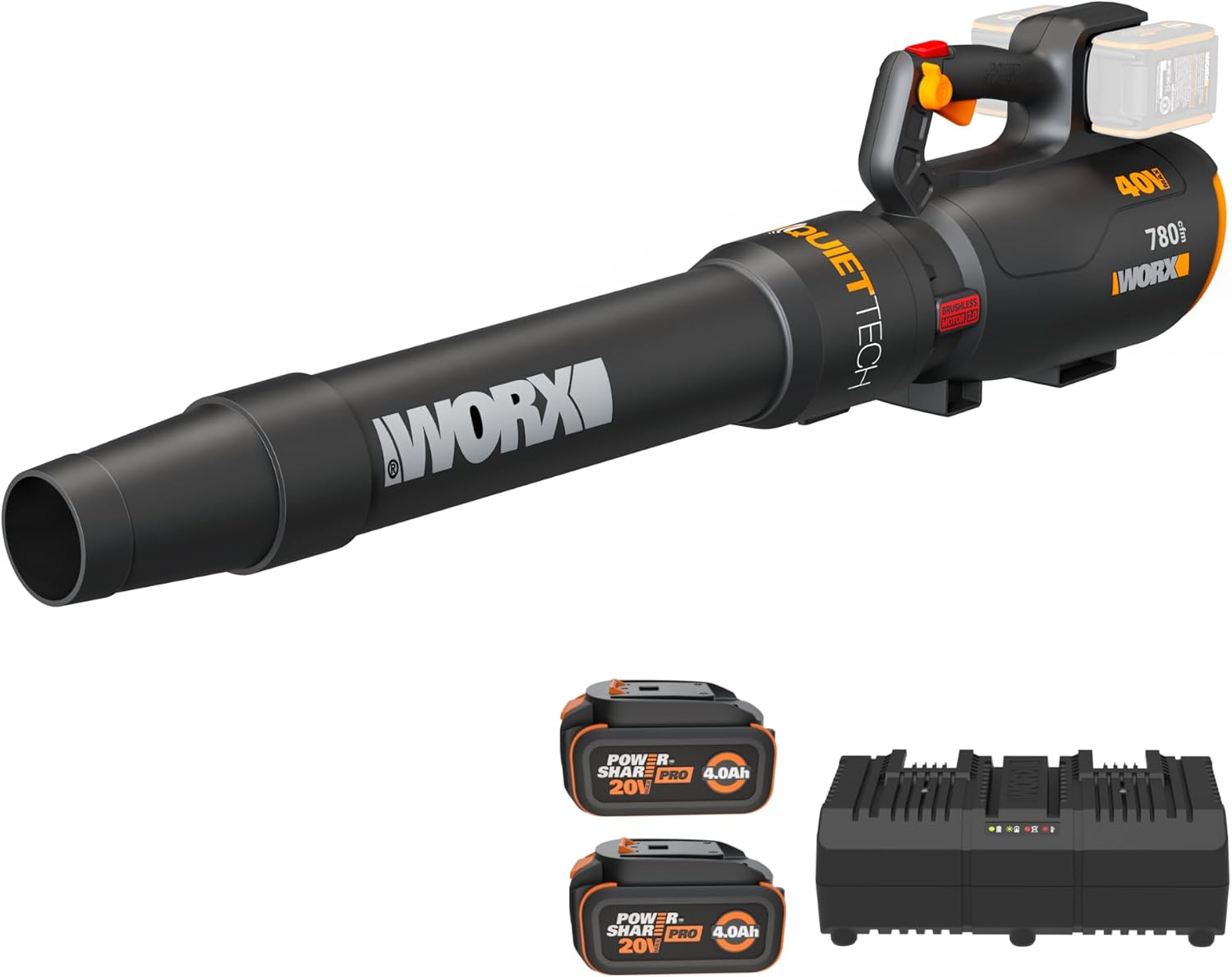 WORX Cordless Leaf Blower, Electric Blower with 780 CFM & 190 MPH, Brushless Lawn Blower with Gas-Like Power & 57 dB, 2 × 4.0 Ah Batteries & Charger Included, WG582