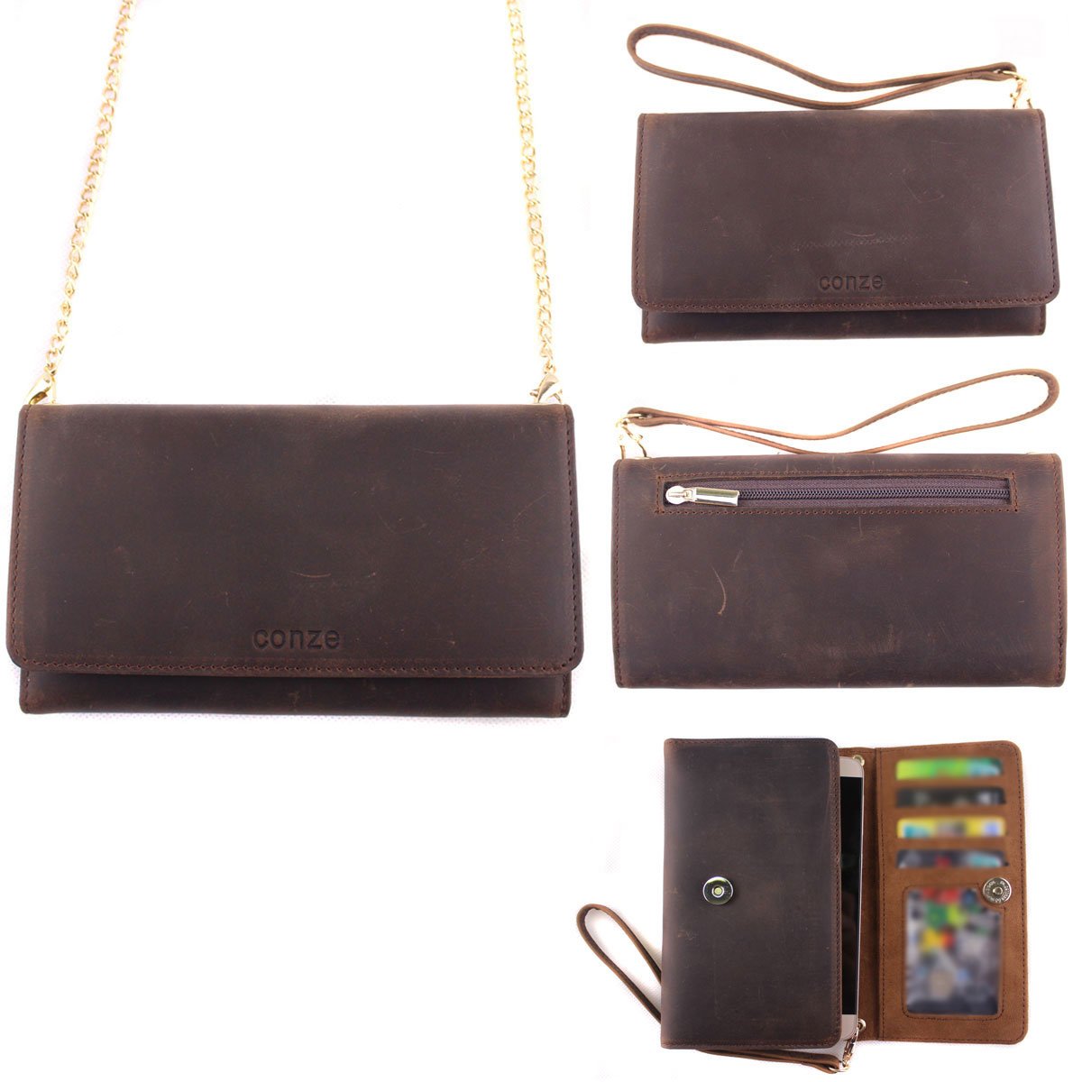 Conze Genuine Leather Purse/Wallet Phone case with Cross Body Strap fits Samsung Galaxy J3 V / J5 (2016) / J7 (2016) in Brown