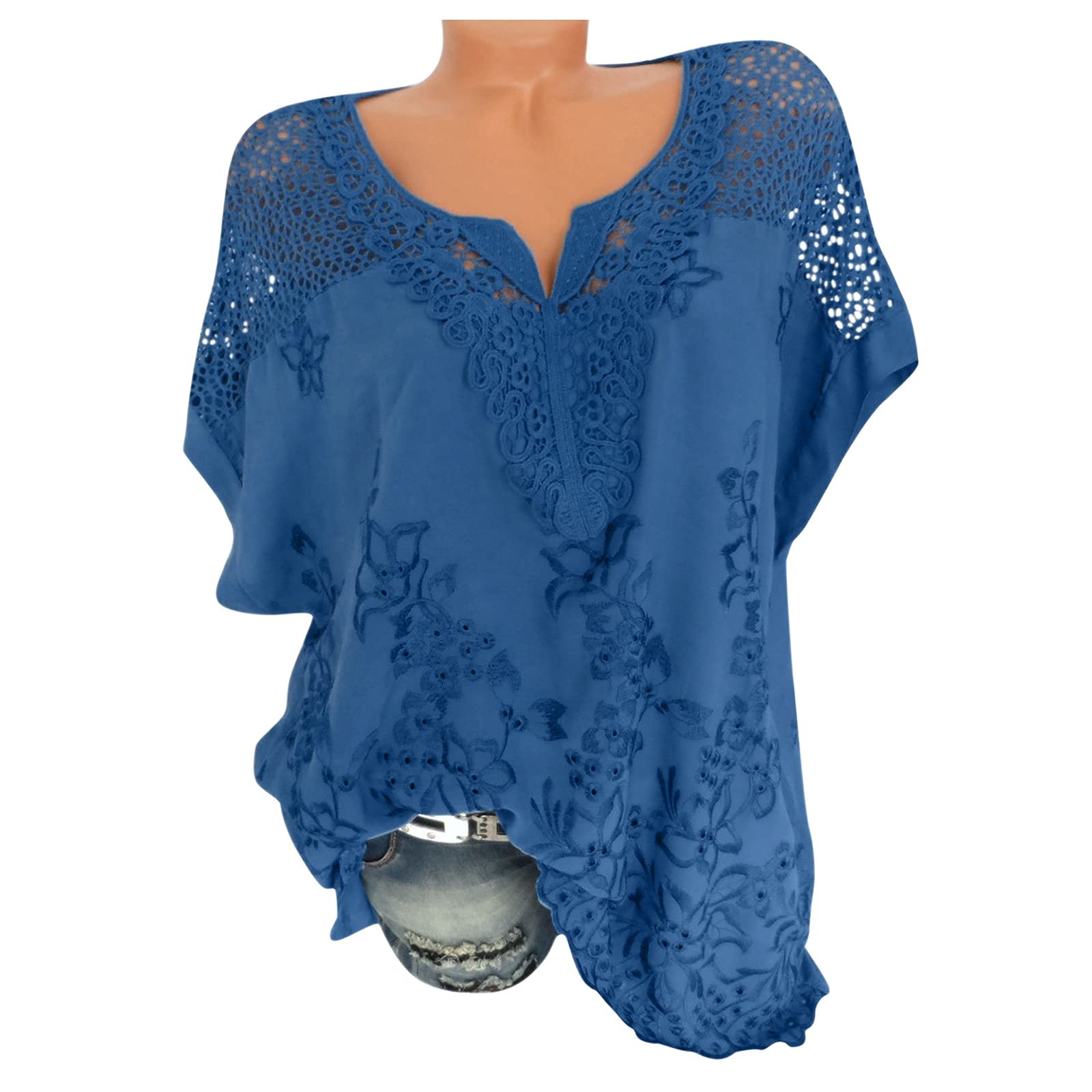 T-Shirts à Manches Courtes Femme Col en V- Haut Femme Ete Creuse Brodé Confortable Respirante Chauve-Souris Classiques Casual Chic Élégants Sexy Polyvalent Ample Top Style Tempérament Pas Cher