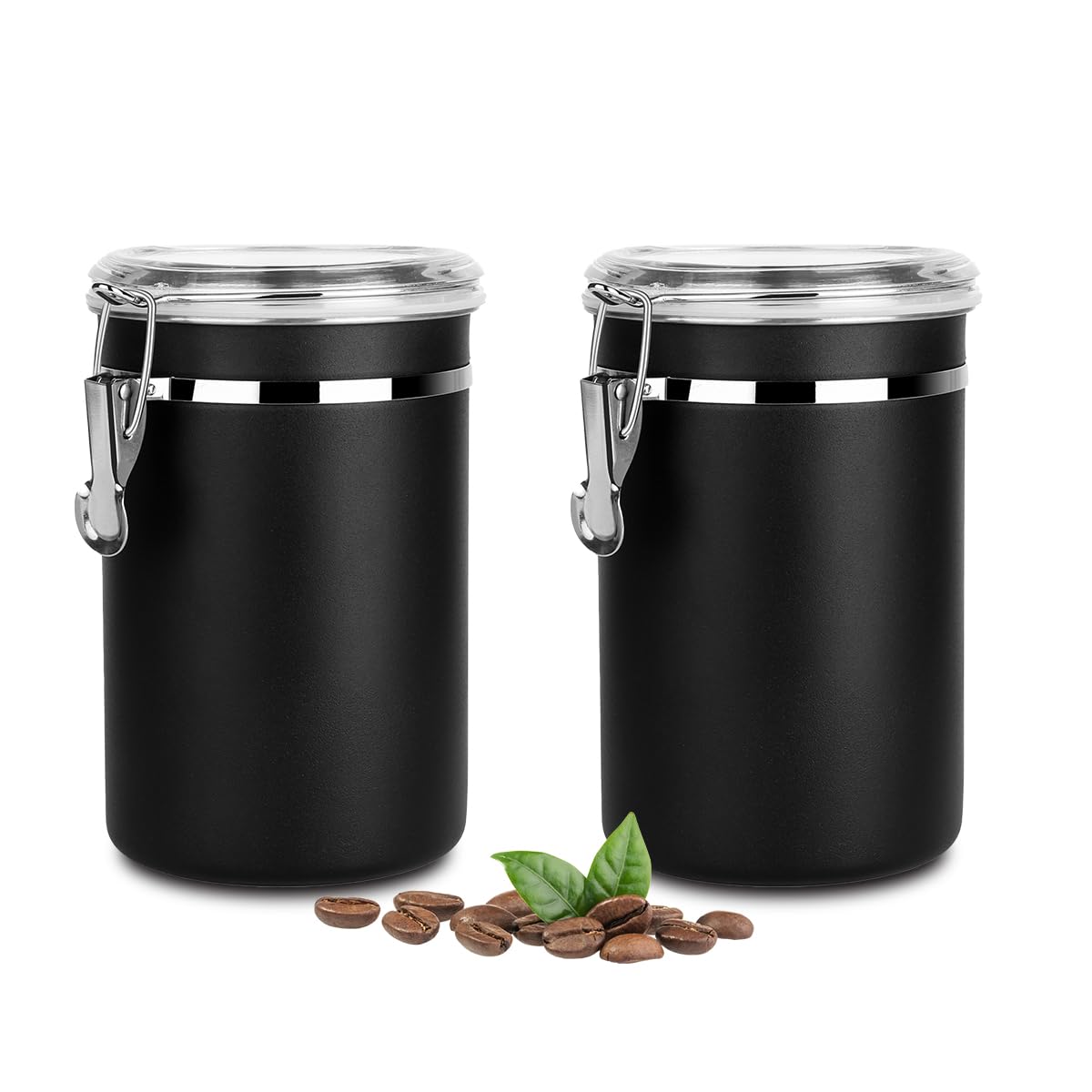 Walktosun Boîte à Café Hermétique, Conservation en Acier Inoxydable pour Grains de Café avec Couvercle Transparent Bocal Récipient Rangement Cuisine Alimentaires Stockage Thé (Lot de 2-1.8L - Noir)