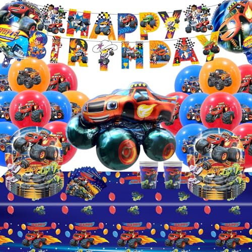 Kit déco anniversaire Monster Truck avec ballons aluminium durables et vaisselle